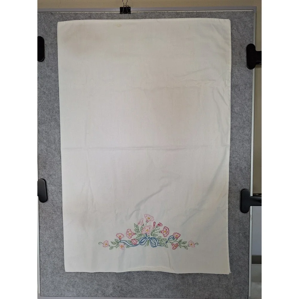 Vintage Hand Embroidered Floral Pillowcase Pink Morning Glory Blue Bow White